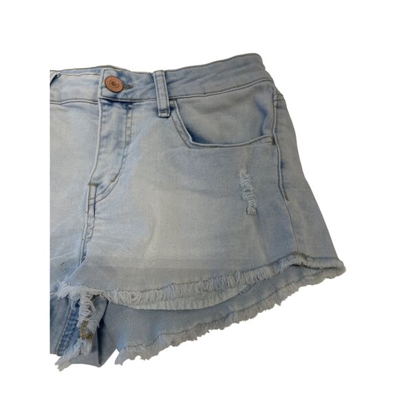 Light Wash Distressed High Rise Cutoff Denim Shorts Frayed Hem Pockets Size 9 - Picture 3 of 7